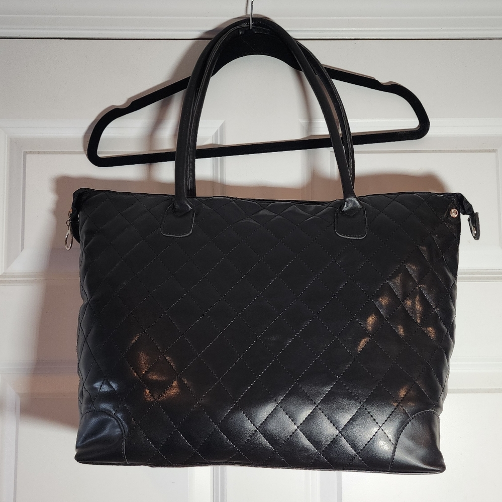 Black Faux Leather Large Quilted Shoulder Bag